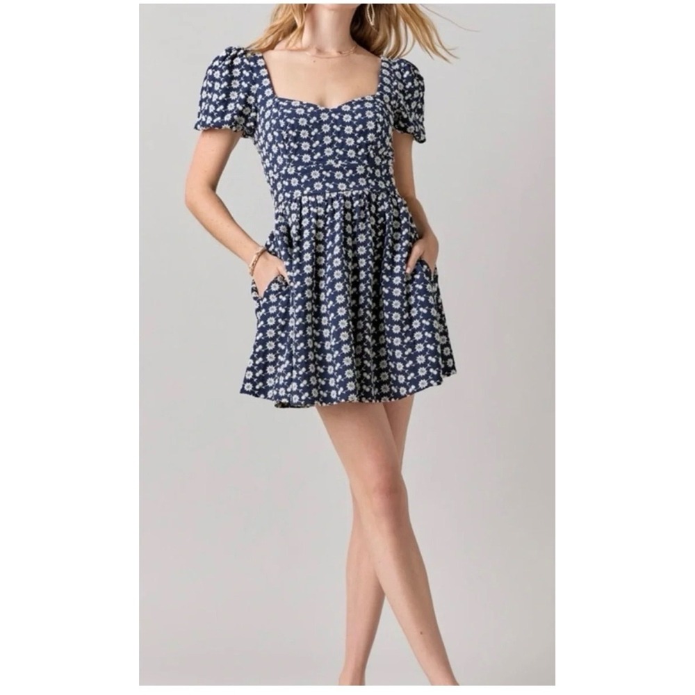 Altar'd State Navy Floral Daisy Tie Back Mini Dress Pockets Square Neck Small